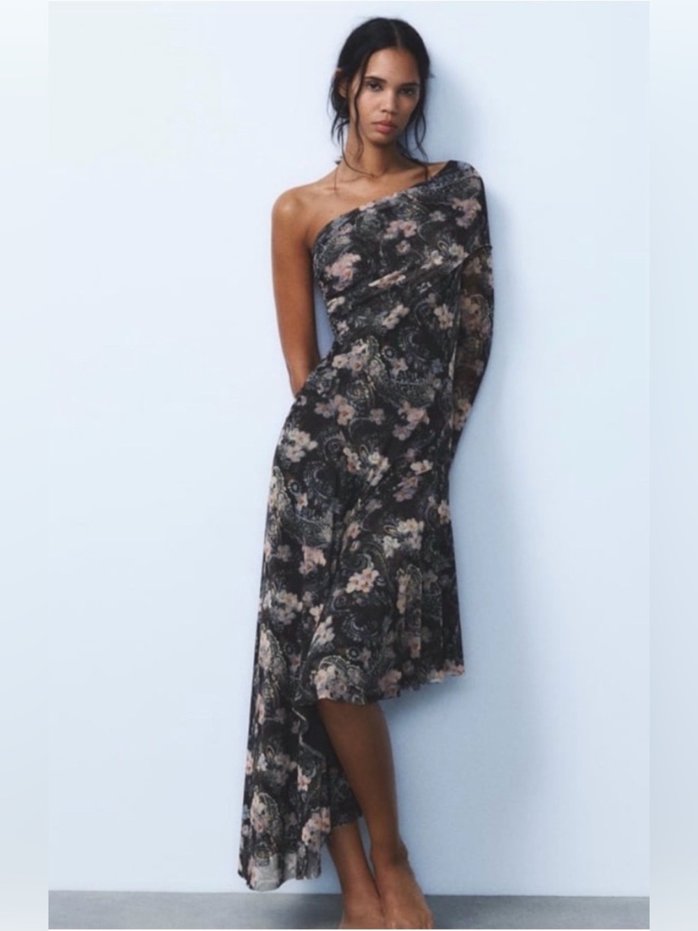 Zara One-Shoulder Floral Asymmetric Midi Dress - Black/Pink